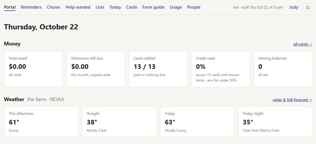 A personal dashboard Judy built to track money, weather, tasks, and reminders